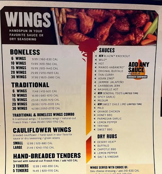 Buffalo Wild Wings Menu prices