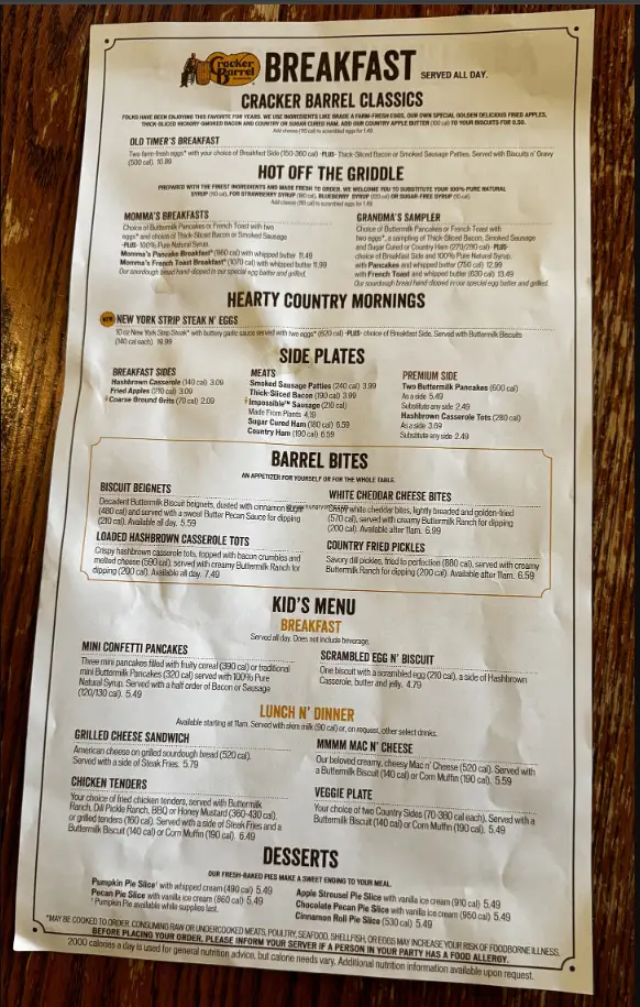 Cracker Barrel Menu