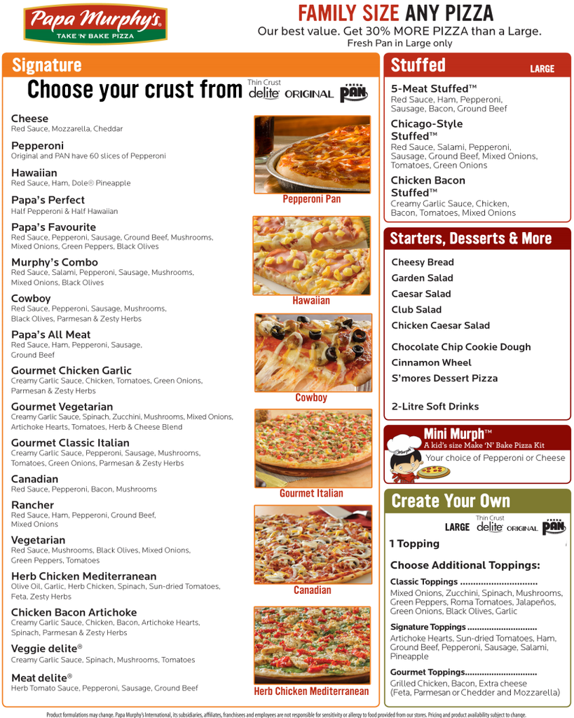 Papa Murphy’s Menu