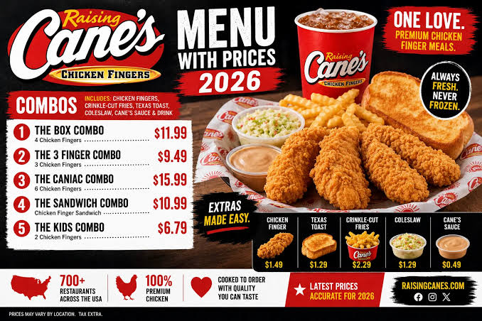 Raising Cane’s Menu Prices (USA) – 2026