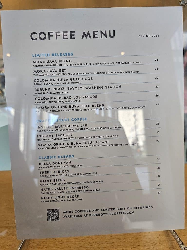 Blue Bottle Coffee Menu