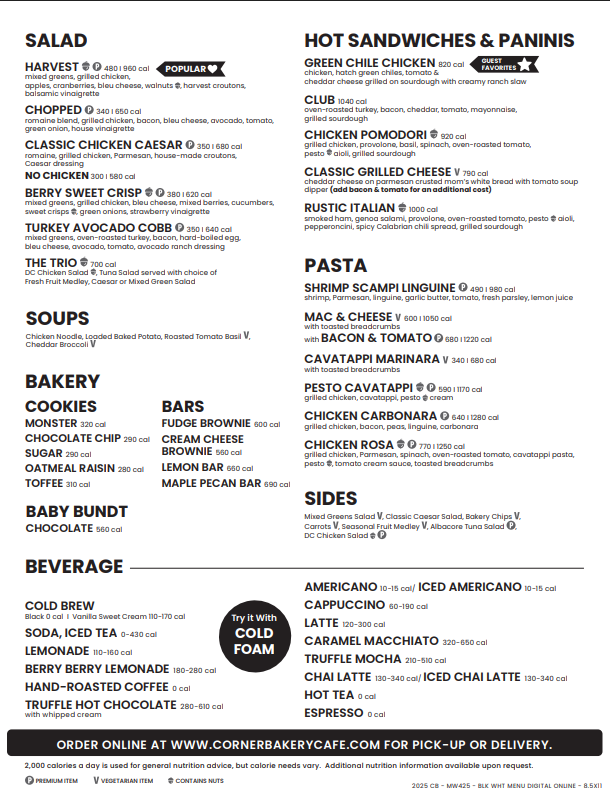 corner bakery cafe menu