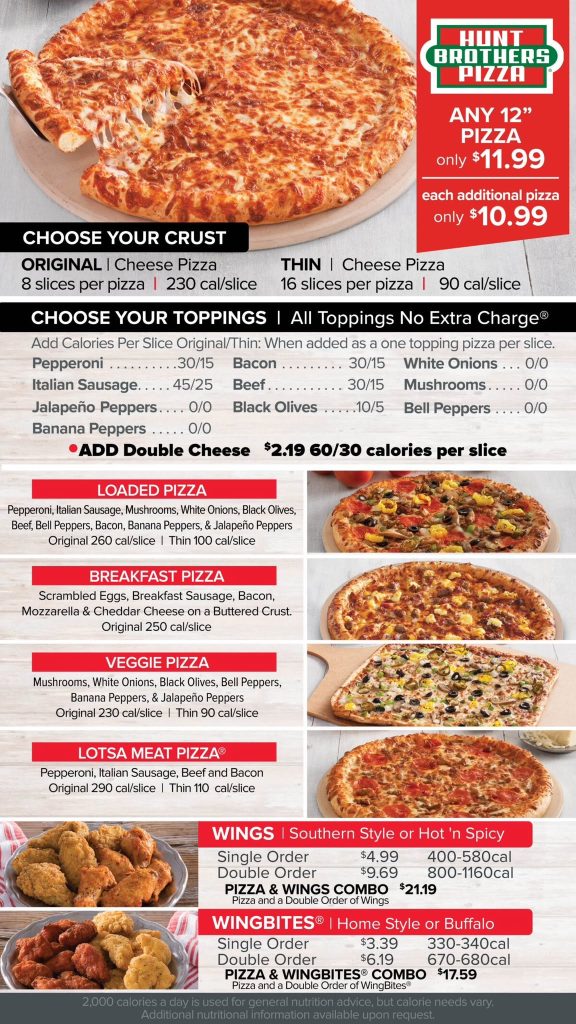 Hunt Brothers Pizza Menu