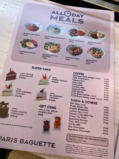 Paris Baguette Menu