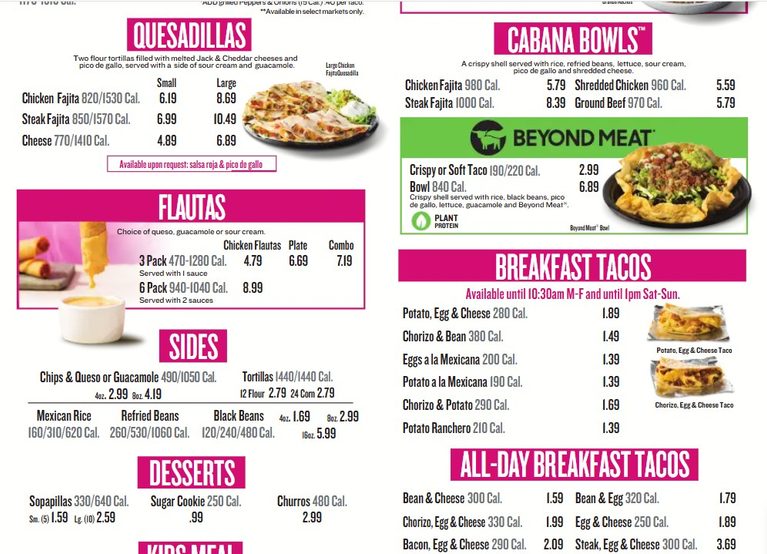Taco Cabana Menu