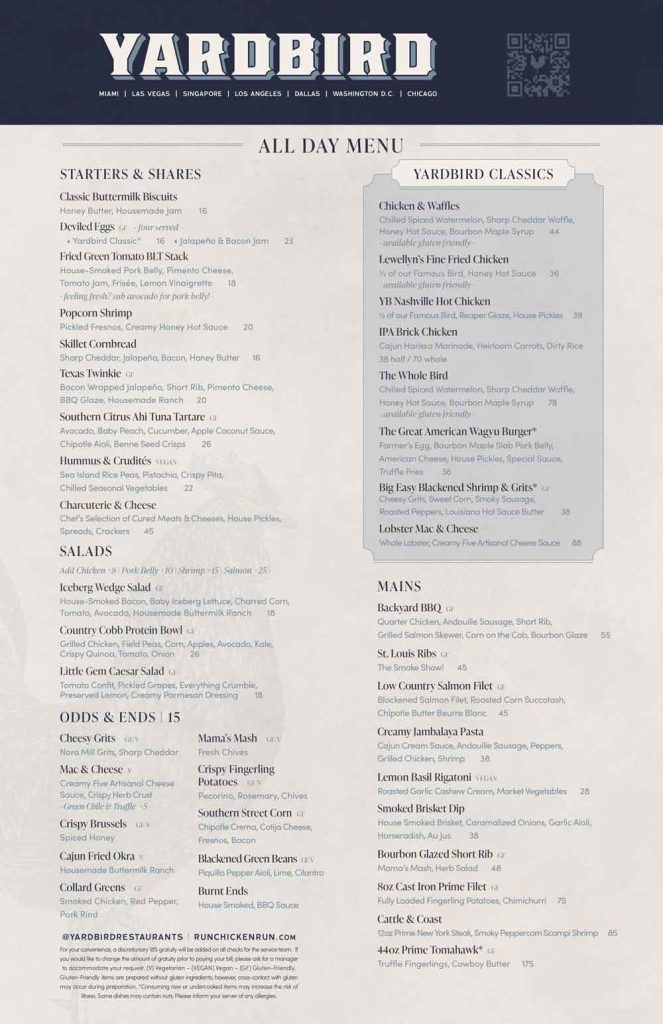 Yardbird Table & Bar Menu