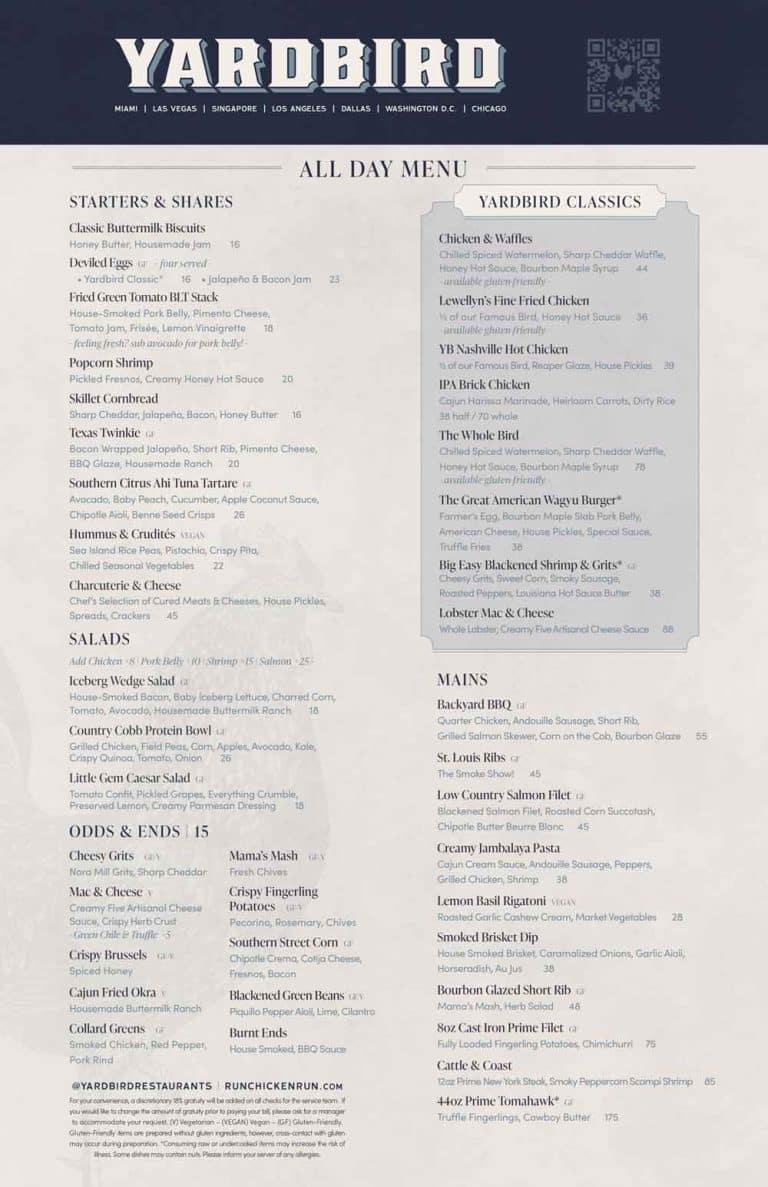 Yardbird Table & Bar Menu