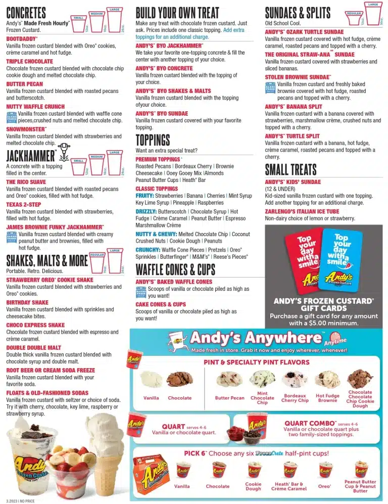 Andy’s Frozen Custard Menu