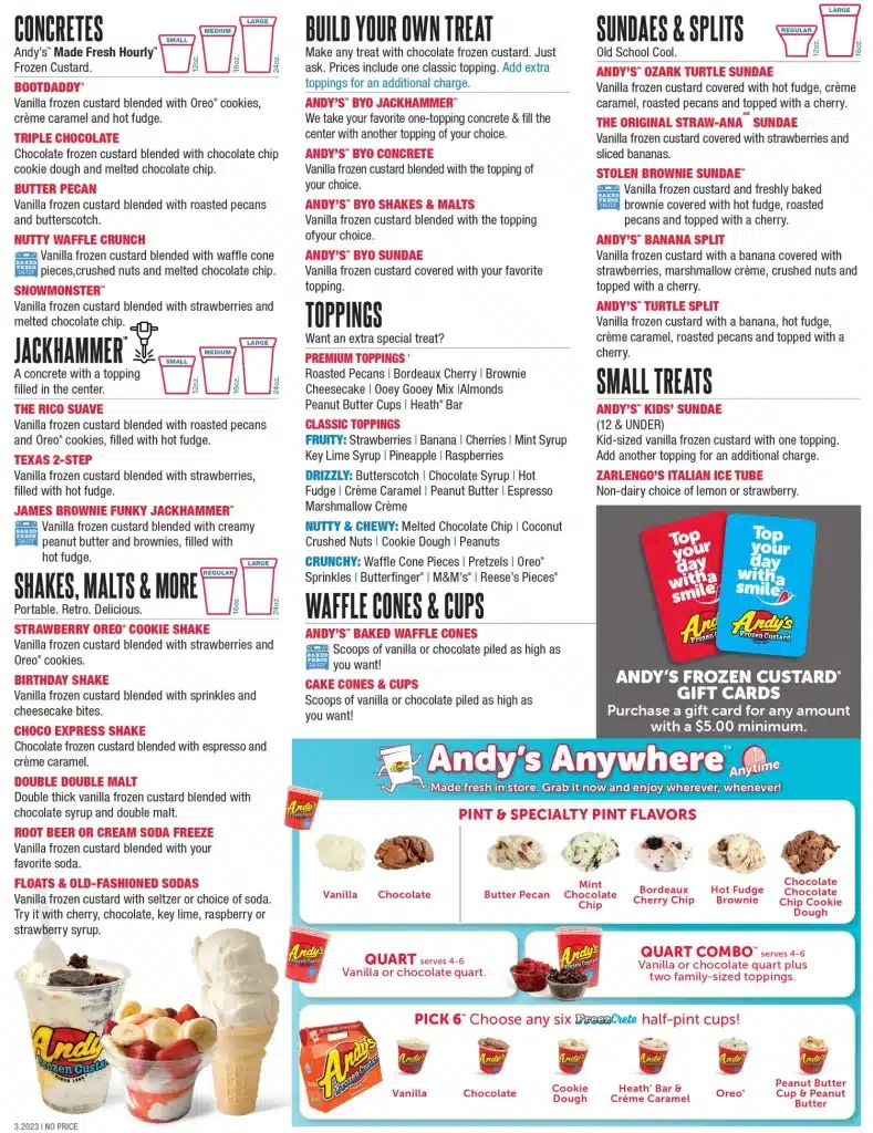 Andy’s Frozen Custard Menu